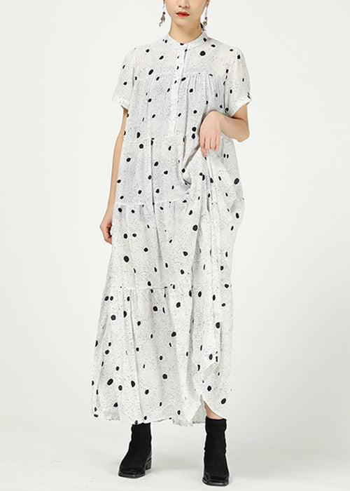 White Button Print Cotton Long Dress Stand Collar Summer Aa1008