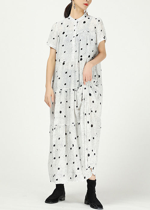 White Button Print Cotton Long Dress Stand Collar Summer Aa1008