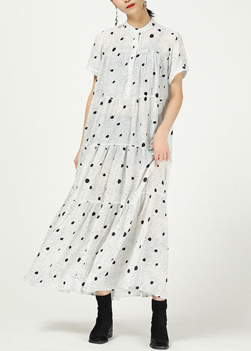 White Button Print Cotton Long Dress Stand Collar Summer Aa1008