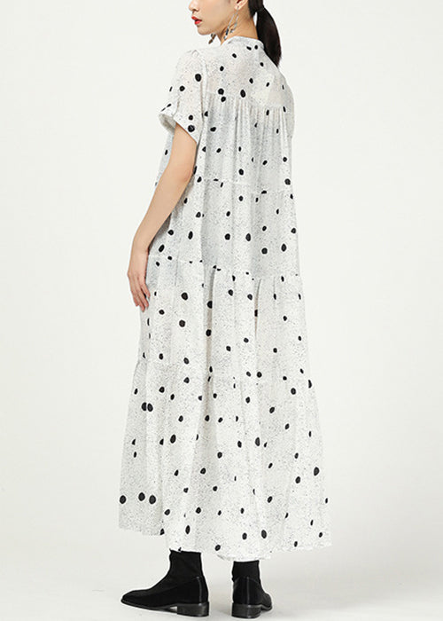 White Button Print Cotton Long Dress Stand Collar Summer Aa1008