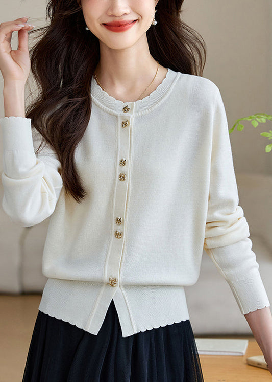 White Button Wool Knit Fall Coats O Neck Qv059