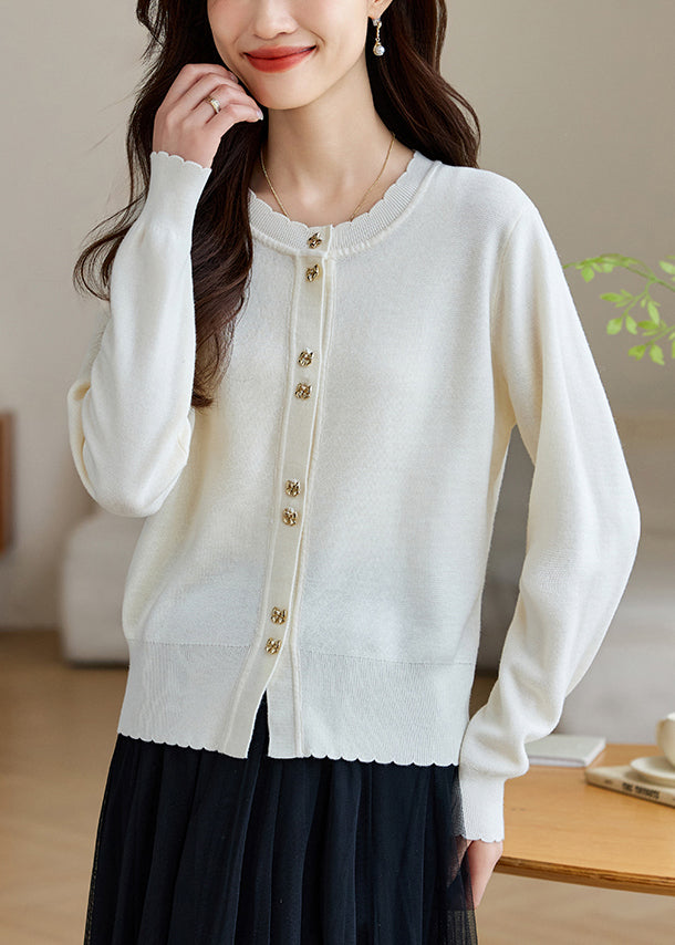 White Button Wool Knit Fall Coats O Neck Qv059