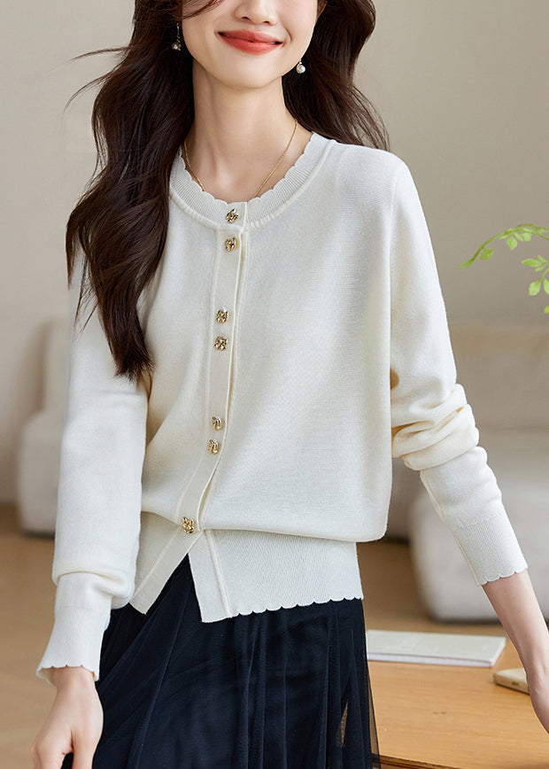 White Button Wool Knit Fall Coats O Neck Qv059