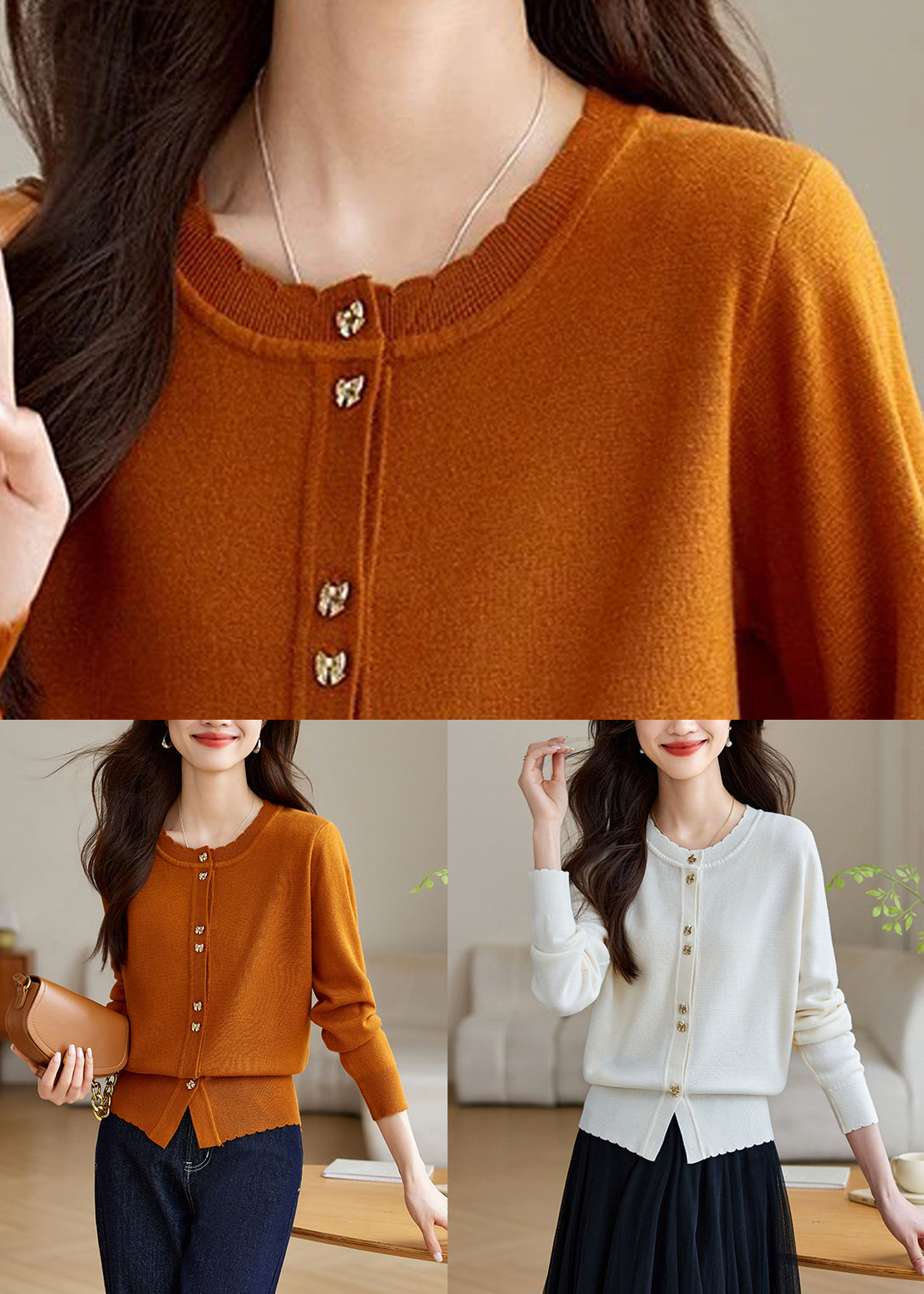 White Button Wool Knit Fall Coats O Neck Qv059