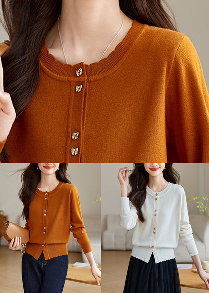 White Button Wool Knit Fall Coats O Neck Qv059