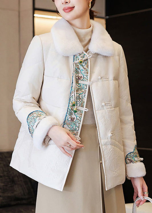 White Chinese Button Faux Leather Down Coats Fur Collar Winter Rz024