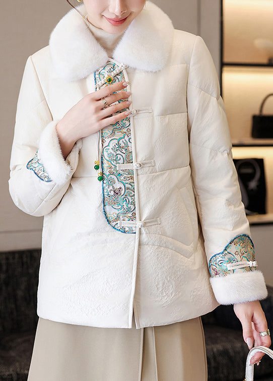 White Chinese Button Faux Leather Down Coats Fur Collar Winter Rz024