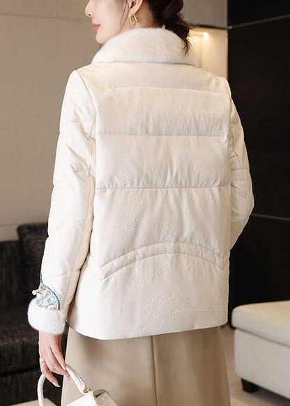 White Chinese Button Faux Leather Down Coats Fur Collar Winter Rz024
