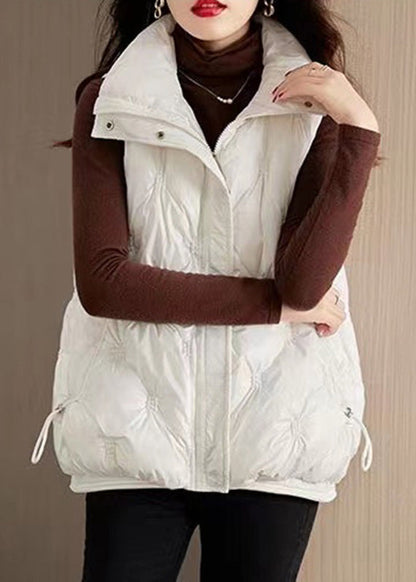 White Cinched Drawstring Waistcoat Zippered Waistcoat Sleeveless Rk016