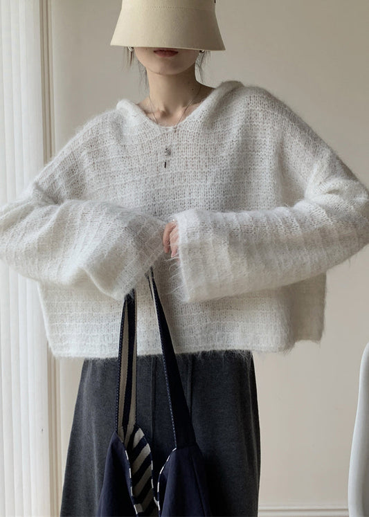 White Cozy Cotton Knit Winter Short Sweater Hooded Wy023