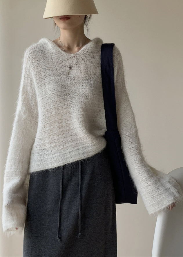 White Cozy Cotton Knit Winter Short Sweater Hooded Wy023