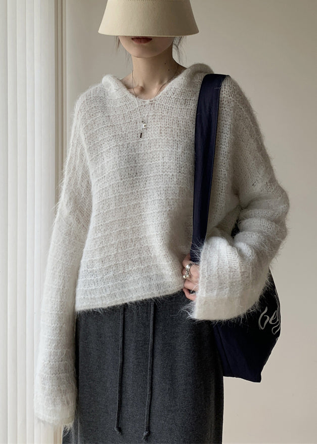 White Cozy Cotton Knit Winter Short Sweater Hooded Wy023