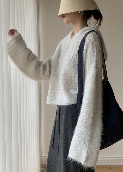 White Cozy Cotton Knit Winter Short Sweater Hooded Wy023