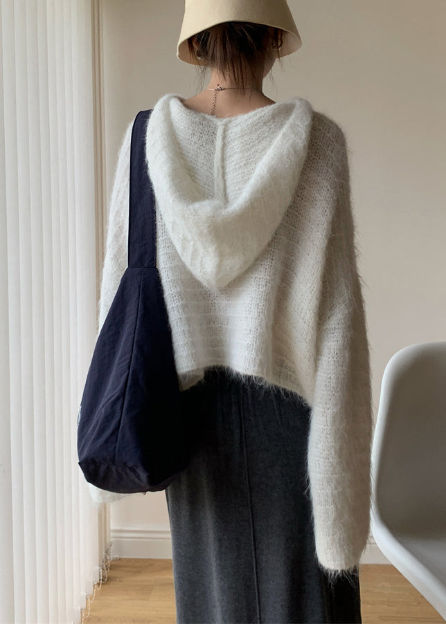 White Cozy Cotton Knit Winter Short Sweater Hooded Wy023