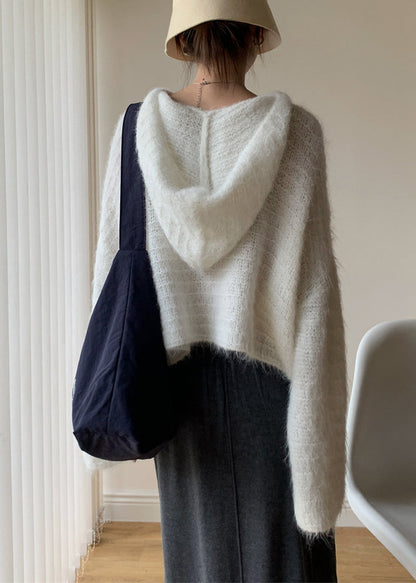 White Cozy Cotton Knit Winter Short Sweater Hooded Wy023