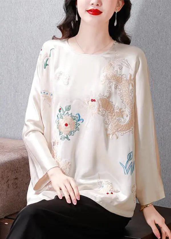 White Draping Silk Blouses Embroidered Spring Ha1020
