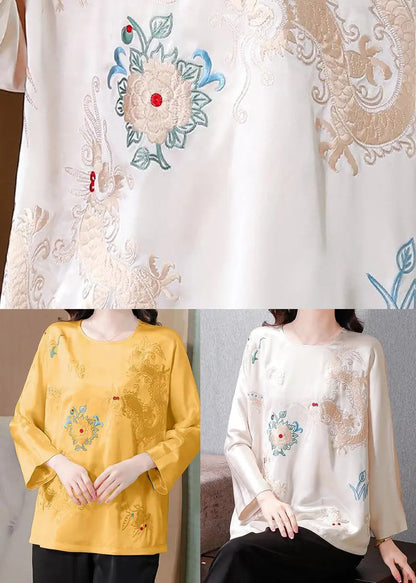 Yellow Embroidered Silk Blouse Tops Spring Ha1048