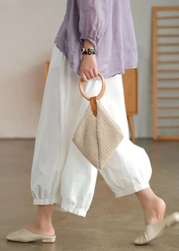 White Elastic Waist Cotton Crop Wide Leg Pants Bv074