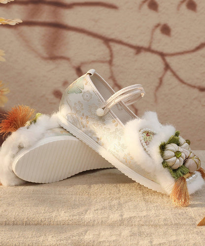 White Fur Splicing Embroidery Wedge High Wedge Heels Shoes Tq063