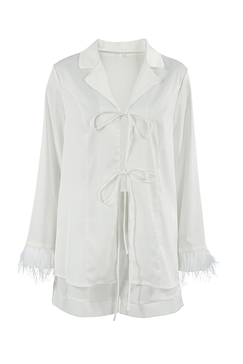 White Fuzzy Tie-up Shirt Shorts Set