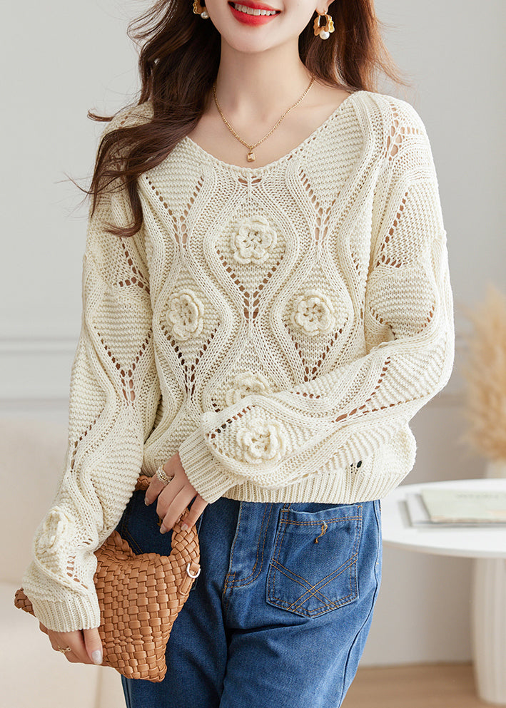 White Hollow Out Cozy Knit Fall Sweater O Neck Qs028