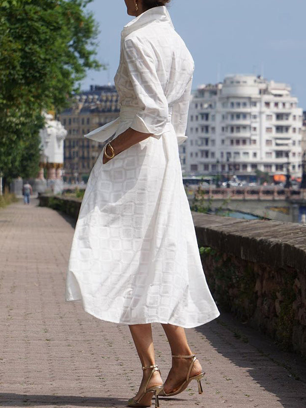 White Long Sleeves Plaid Printed Shirt Collar Maxi Dress