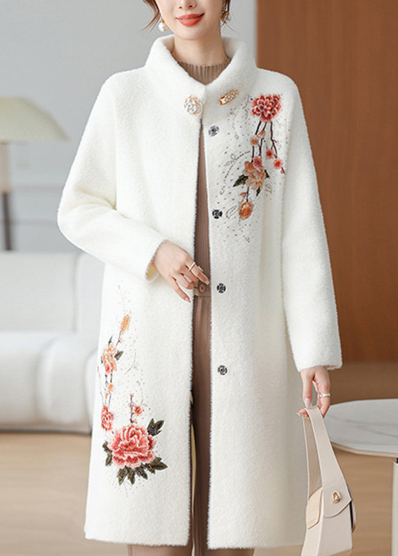 White Maxi Mink Velvet Coats Patchwork Button Spring Ta033
