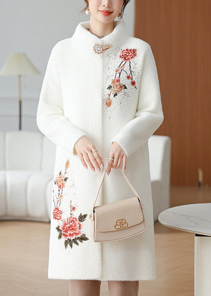 White Maxi Mink Velvet Coats Patchwork Button Spring Ta033