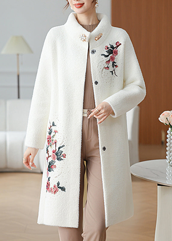 White Maxi Mink Velvet Coats Patchwork Button Spring Ta033