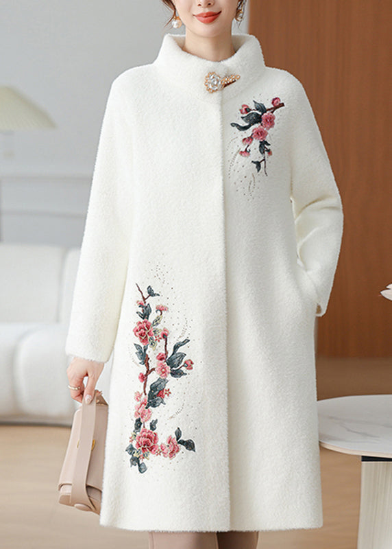 White Maxi Mink Velvet Coats Patchwork Button Spring Ta033