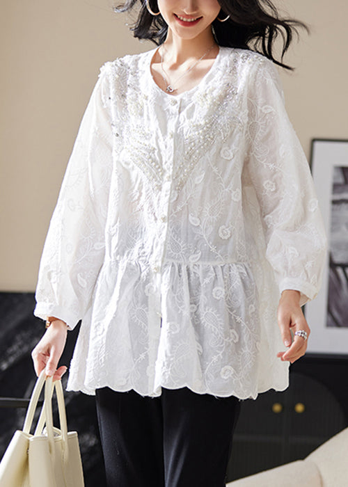White Nail Bead Button Blouses Embroidered Long Sleeve Ac1022