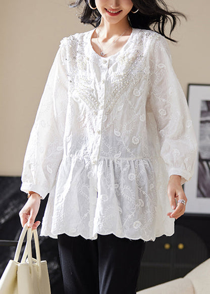 White Nail Bead Button Blouses Embroidered Long Sleeve Ac1022