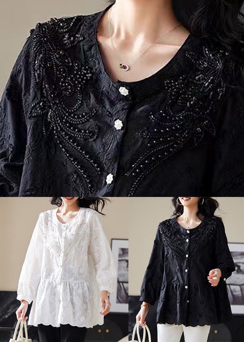 White Nail Bead Button Blouses Embroidered Long Sleeve Ac1022
