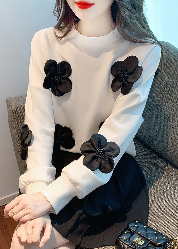 White Nail Bead Loose Cotton Sweatshirts O Neck Fall Wm030