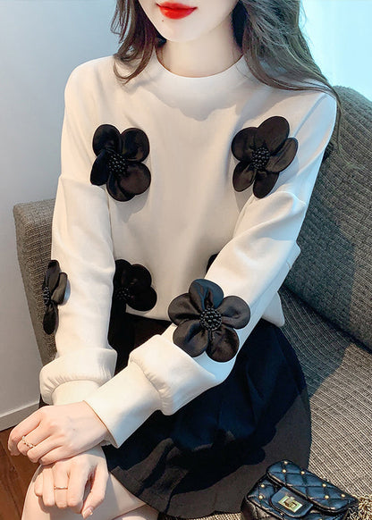 White Nail Bead Loose Cotton Sweatshirts O Neck Fall Wm030