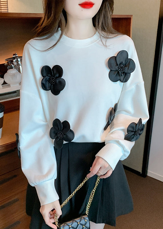 White Nail Bead Loose Cotton Sweatshirts O Neck Fall Wm030