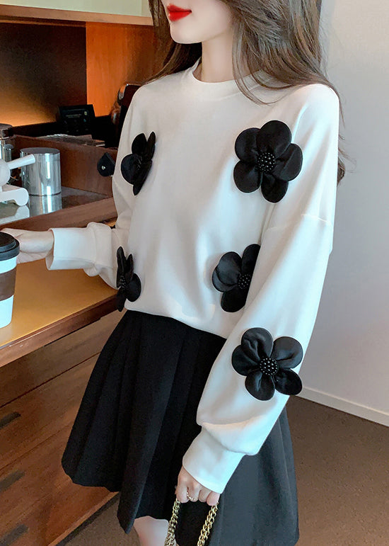 White Nail Bead Loose Cotton Sweatshirts O Neck Fall Wm030
