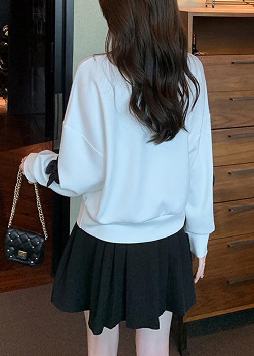 White Nail Bead Loose Cotton Sweatshirts O Neck Fall Wm030
