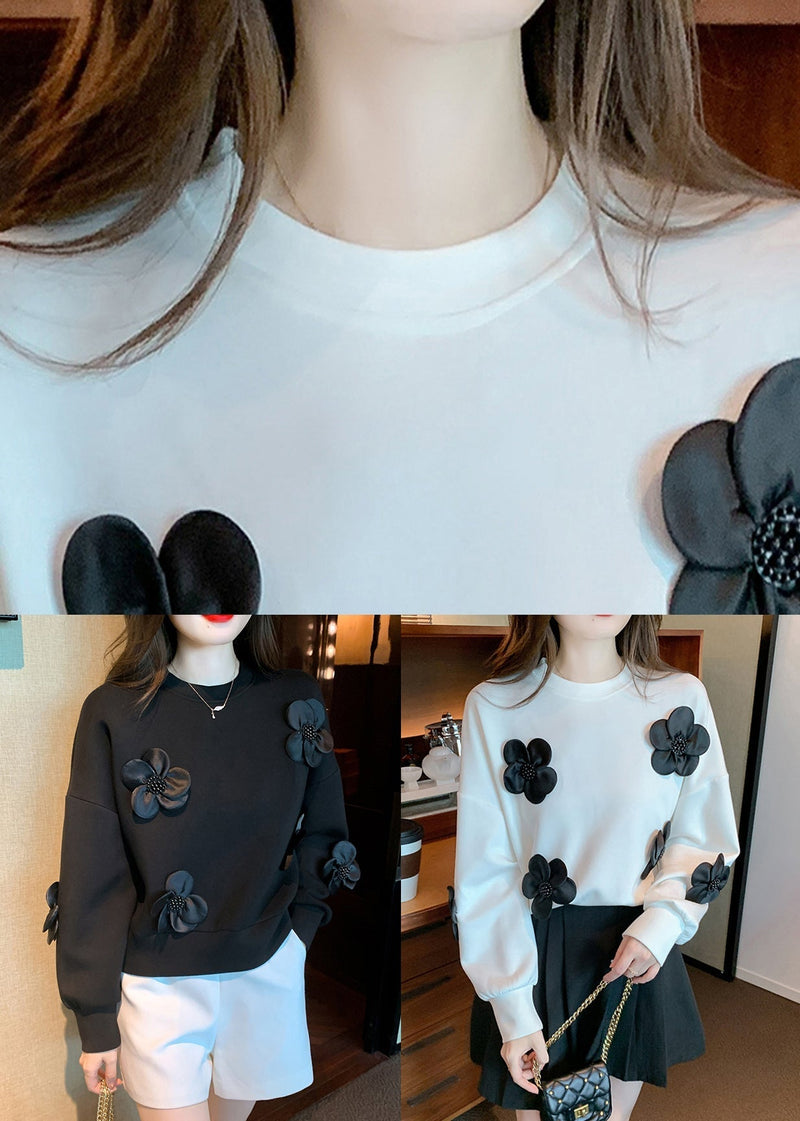 White Nail Bead Loose Cotton Sweatshirts O Neck Fall Wm030