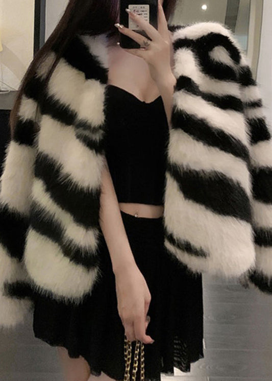 White Original Design Fuzzy Fur Fluffy Coats V Neck Winter Rh035