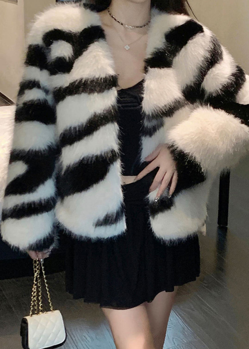 White Original Design Fuzzy Fur Fluffy Coats V Neck Winter Rh035