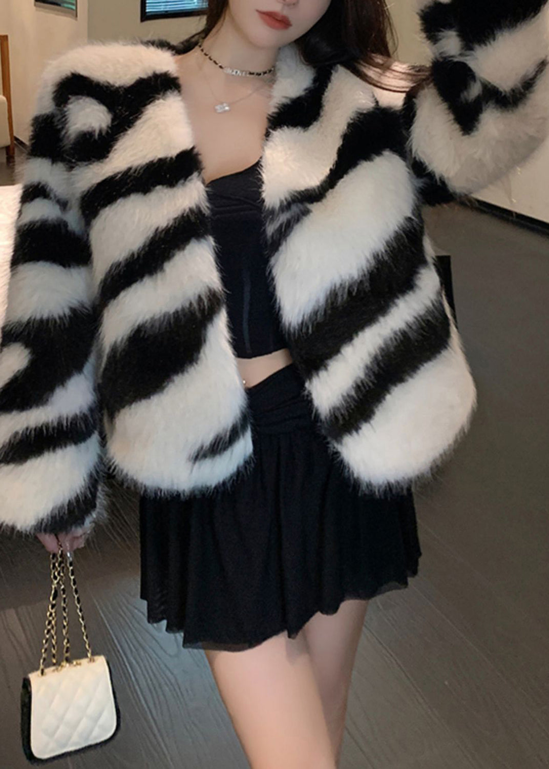 White Original Design Fuzzy Fur Fluffy Coats V Neck Winter Rh035