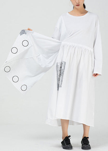 White Pockets Patchwork Cotton Long Dress O Neck Spring Aa1009