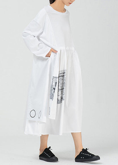 White Pockets Patchwork Cotton Long Dress O Neck Spring Aa1009