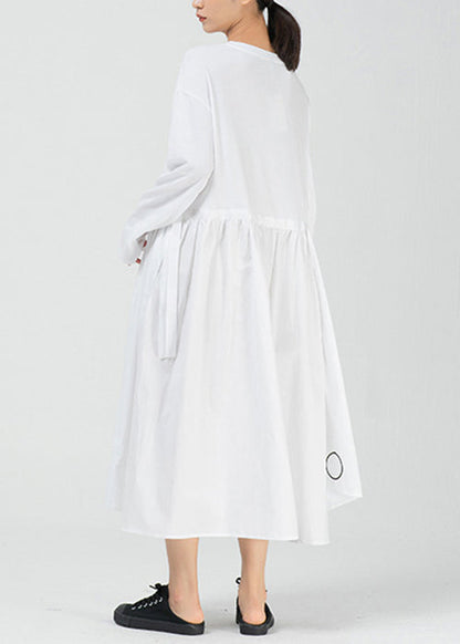 White Pockets Patchwork Cotton Long Dress O Neck Spring Aa1009