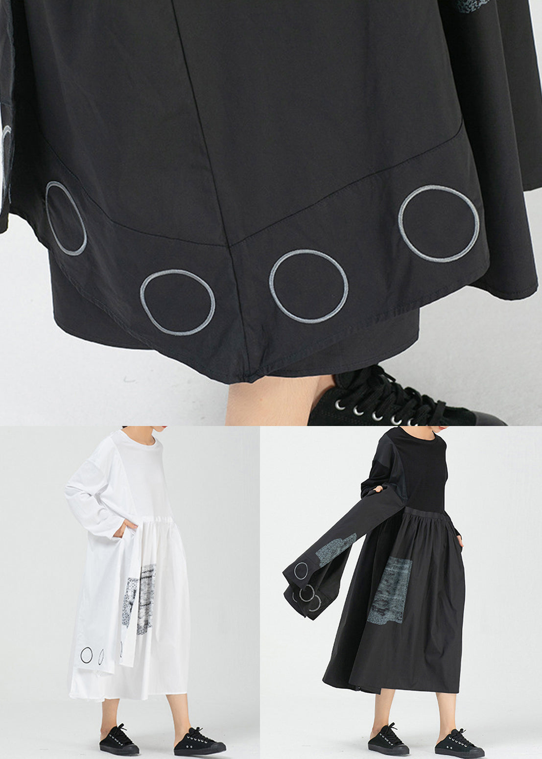 White Pockets Patchwork Cotton Long Dress O Neck Spring Aa1009