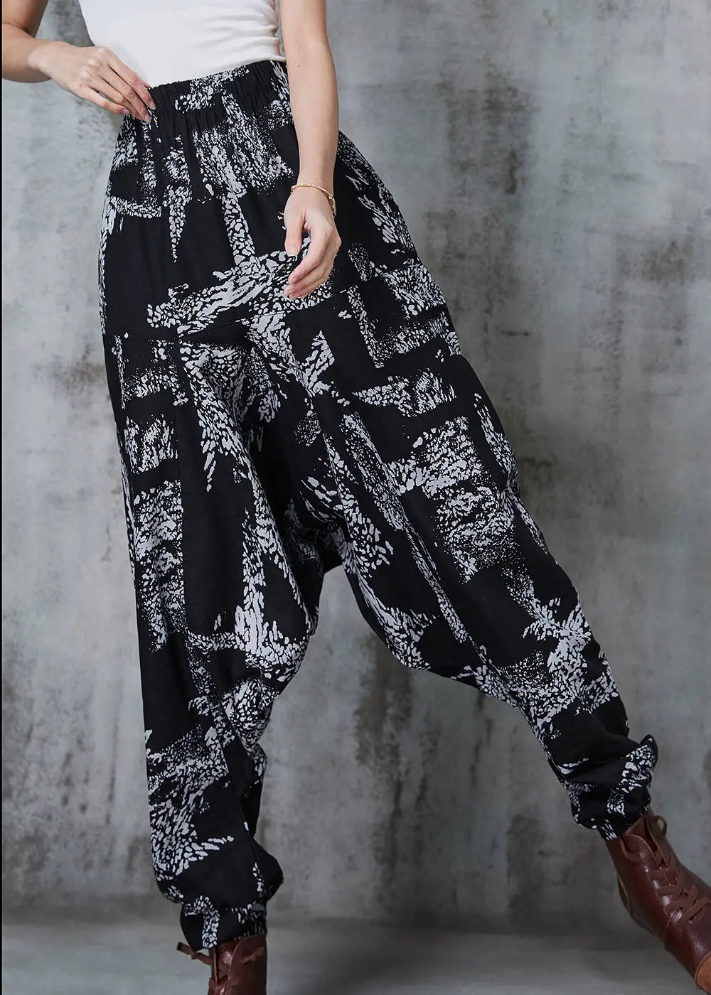 White Print Cotton Harem Pants Oversized Spring Jk1012