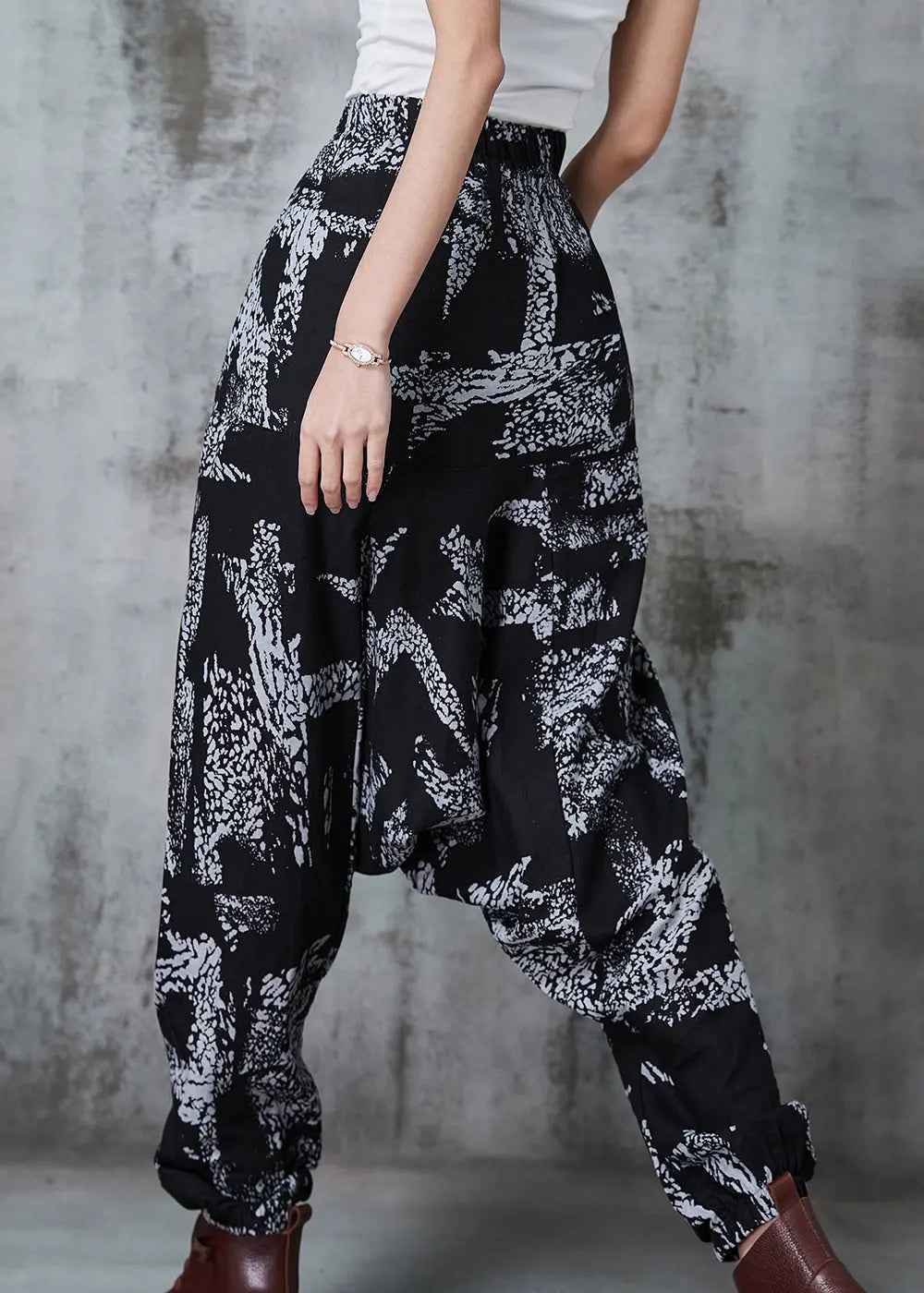White Print Cotton Harem Pants Oversized Spring Jk1012