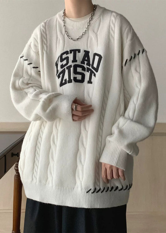 White Print Cozy Cotton Knit Winter Sweaters O Neck Qf032