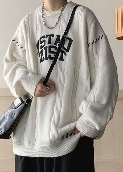 White Print Cozy Cotton Knit Winter Sweaters O Neck Qf032
